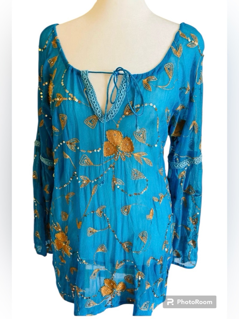 y2k Turquoise chiffon gold sequin embroidered BOHO BLOUSE Carole Little SZ 10